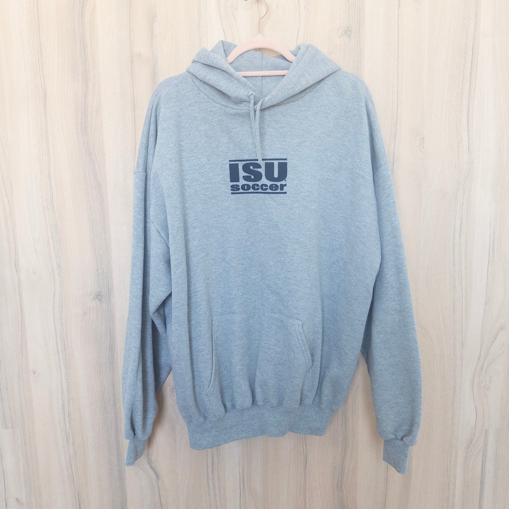 Vintage Mens ISU Soccer Hoodie 2XL Gray Graphic Pullover Sweatshirt College